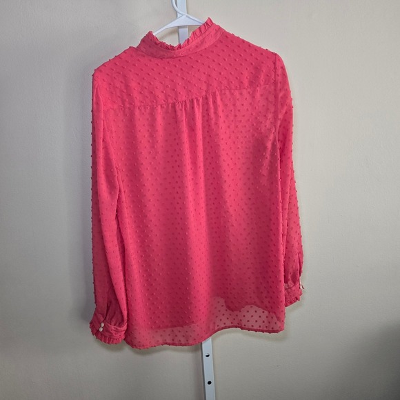 J. Crew Pink Swiss Dot Mock Neck Blouse Long Sleeve Button Top Women's Size 6 - Picture 4 of 4